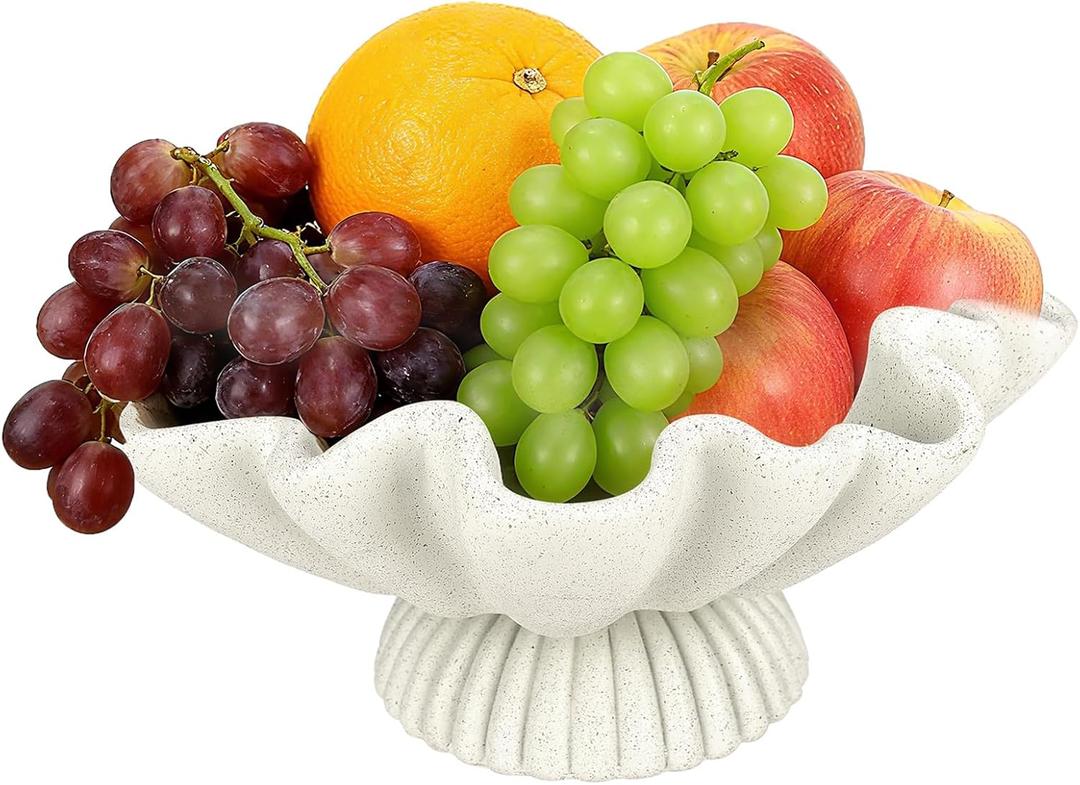 OGANGART Large Decorative Bowls for Home - Fruit Pedestal Bowl for Coastal Decor - Scalloped Bowl - 10.3" Off-white Resin Unique Decor for Coffee Table