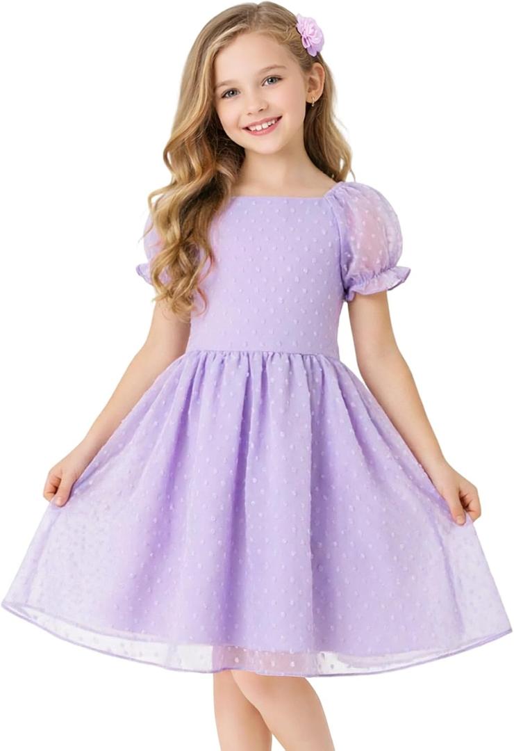 HILEELANG Girls Chiffon Dress with Puff Sleeves, Flower Girl Party Dress with Soft Lining (6-7 Years)