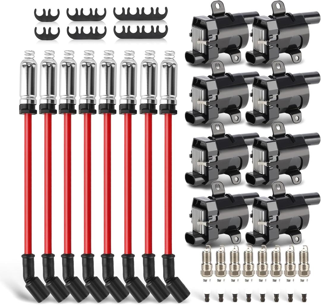 UF262 Ignition Coils Pack & Double Iridium Spark Plugs & 10.2MM Spark Plug Wires for Chevy Avalanche Express Tahoe Silverado Suburban 1500 2500 3500/GMC Savana Sierra Yukon/Hummer H2 OEM# D585