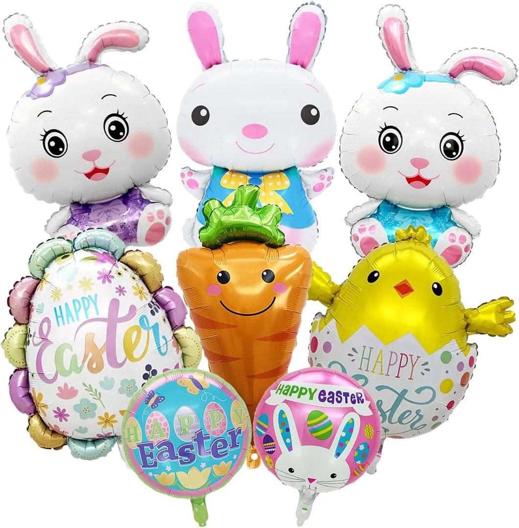 8 Pcs Easter Foil Balloons 37 Inch Bunny Chick Balloon Decorations Egg Carrot Mylar Balloons for Happy Easter Themed Party Decorations Supplies