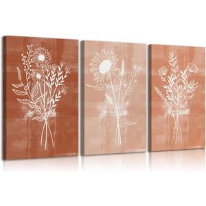 3Pcs Terracotta Floral Canvas Wall Art Mid-Century Flowers Bouquet Pictures Vintage Farmhouse Botanical Poster Prints Abstract Floral Wall Decor for Living Room Bedroom Office Bathroom 16x24in Framed