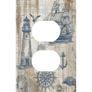 Outlet Covers Nautical Lighthouse Wood Decorative 1 Gang Duplex Light Switch Cover Plate Receptacle Wall Plate Electrical Compass Anchor Sailboat Switch Plate Covers for Bedroom Decor 1-Gang Duplex Outlet/5 x 3 IN
