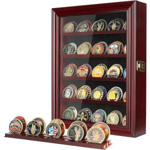 ASmileIndeep Military Challenge Coin Display Case Holder with HD Toughened Glass and Wall Mount, Wooden Coin Stand Rack with Removable 2 Grooves Shelves, Mahogany Finish