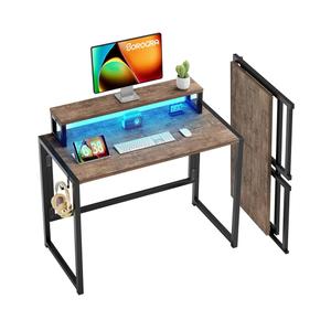 Small Folding Desk 31.5 Inch, Foldable Computer Desks with LED Lights and Monitor Stand, Work Portable Table for Bedroom Home Office, Brown