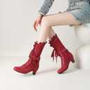 Blano Lofor Women Victorian Boots Chunky Heels Lace up Cute Bow Knot Cosplay Costumes Witch Medieval Renaissance Mid-Calf Goth Boots Vintage Gothic Kawaii Lolita Shoes Red Size 7.5