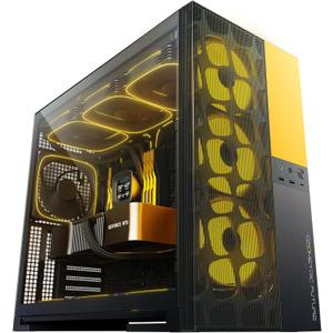 Geometric Future M5 Vent, Mesh Panel Tempered Glass Mid Tower, E-ATX/ATX Gaming Case, High Airflow, Type C, Support 420/360 Rad, ARGB PWM 140mm Fan x 5 Pre-Installed, Black/Yellow, GEO-M5VF-BY