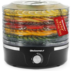 Elite Gourmet EFD319 Food Dehydrator, 5 BPA-Free 11.4" Trays Adjustable Temperature Controls, Jerky, Herbs, Fruit, Veggies, Dried Snacks, Black