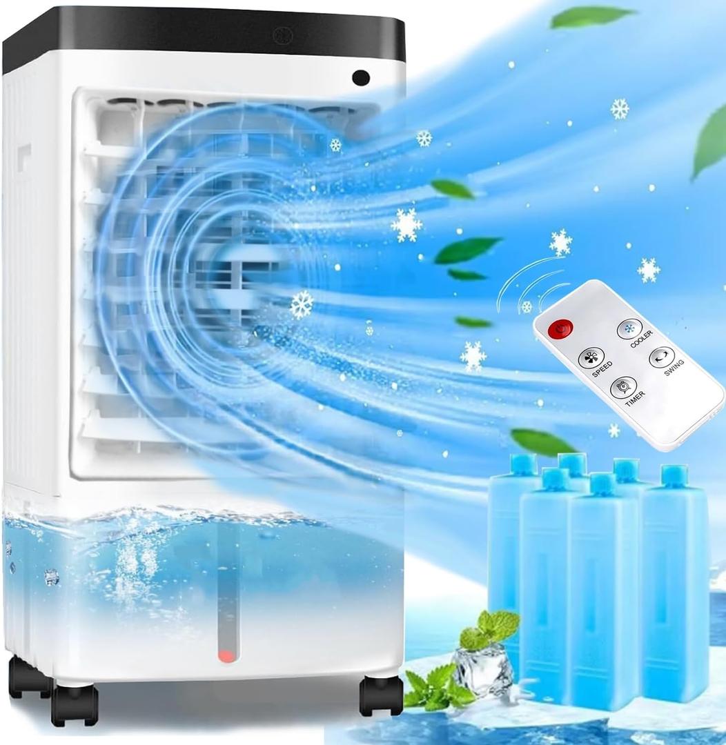 Portable Air Conditioners, 2024 New Quiet Swamp Cooler with 8 Liter Water Tank, Remote Control, 3 Speeds, 70 Oscillation, Fast Cool Air Conditioner Portable for Room, Bedroom and Office6 Ice Packs