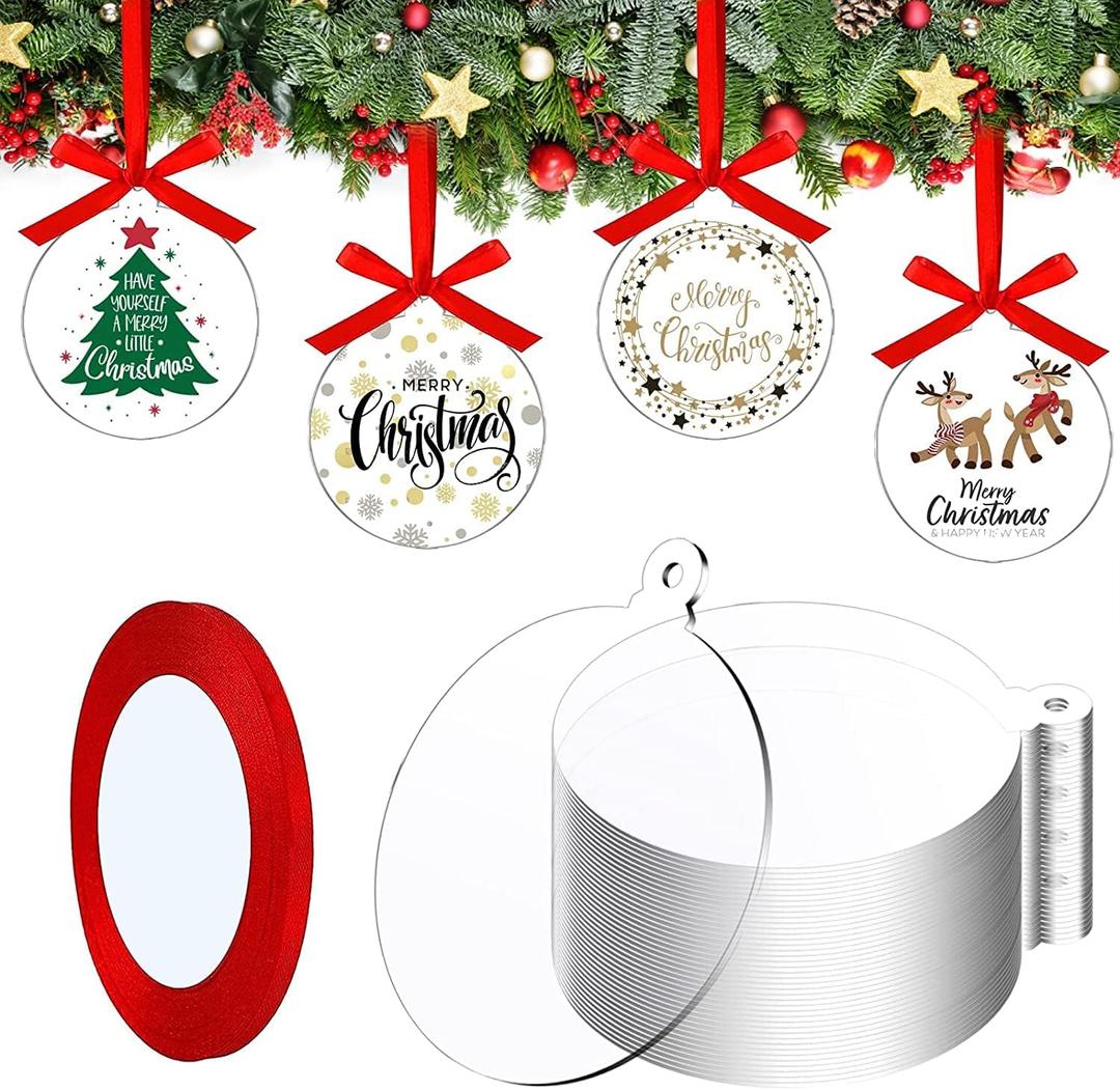 100 Pcs Clear Round Acrylic Ornaments Clear Acrylic Christmas Ornaments DIY Blank Round Ornament with Red Ribbon for Christmas Tree Party Hanging Decoration Supplies (100pcs* 4 inch)