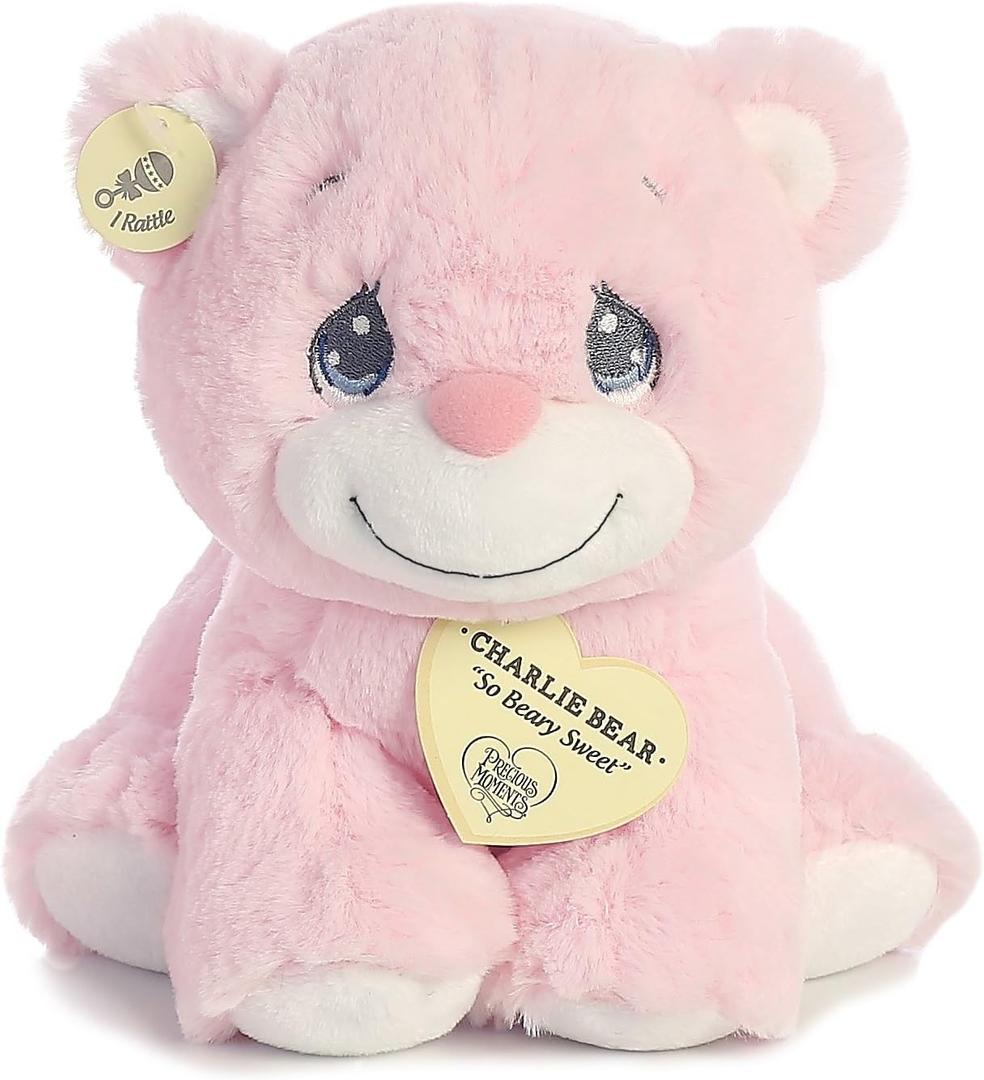 Aurora World Precious Moments Charlie Bear with Rattle, So Beary Sweet, Pink, 8.5"