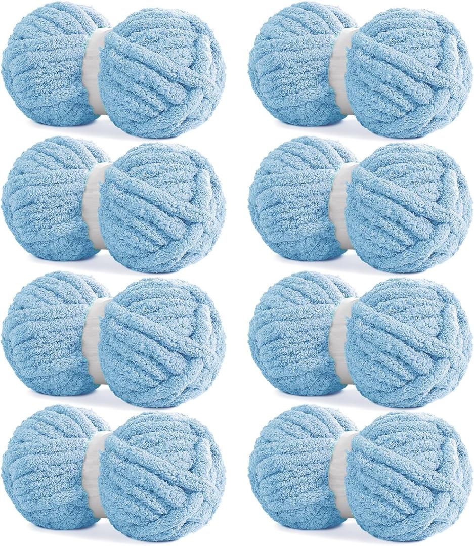 HOMBYS Sky Blue Chunky Chenille Yarn for Hand Knitting,Fluffy Soft Jumbo Yarn Crocheting,Super Bulky Big Yarn for Chunky Blanket,Large Thick Arm Knitting Yarn,8 Pack Plush Yarn
