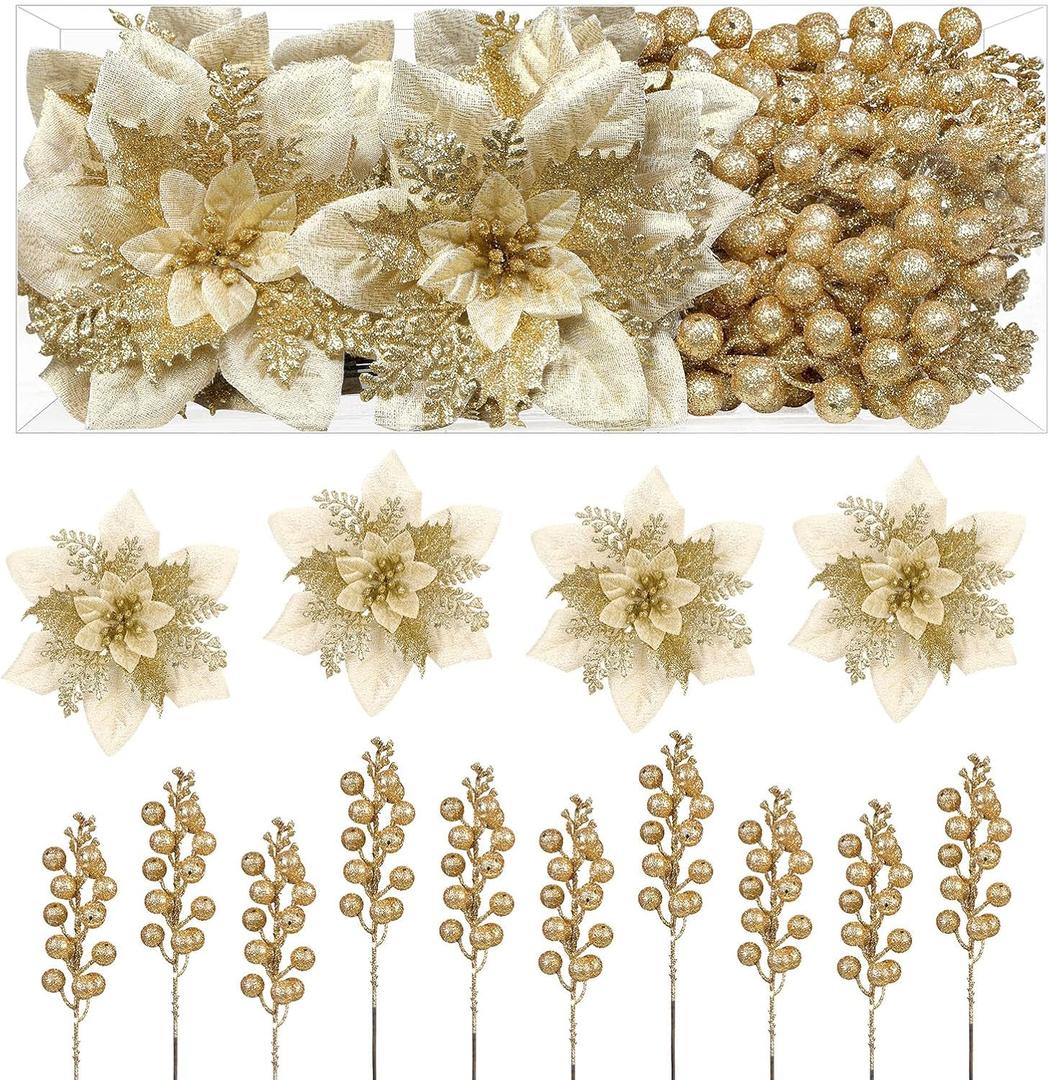 Alupssuc 24 Pieces Christmas Tree Decorations, 12 PCS Gold Poinsettia Flowers Artificial and 12 PCS Glitter Christmas Tree Picks for Christmas Decorations Party Wreath Fireplace Stairs, Gold