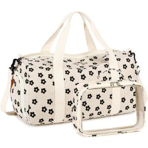 Duffle Bag for Gym Sports Women Girls Workout Travel Bag Weekender with Shoe Compartment and Wet Pocket (D-Corduroy-Black floral-2)