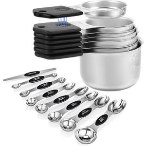 Magnetic Measuring Cups and Spoons Set, N52 Magnetic spoons Nesting Design, 304 Stainless Steel measuring cups, BPA Free, Dual-sided Design Set of 15 with Leveler for Dry & Liquid Ingredients Black