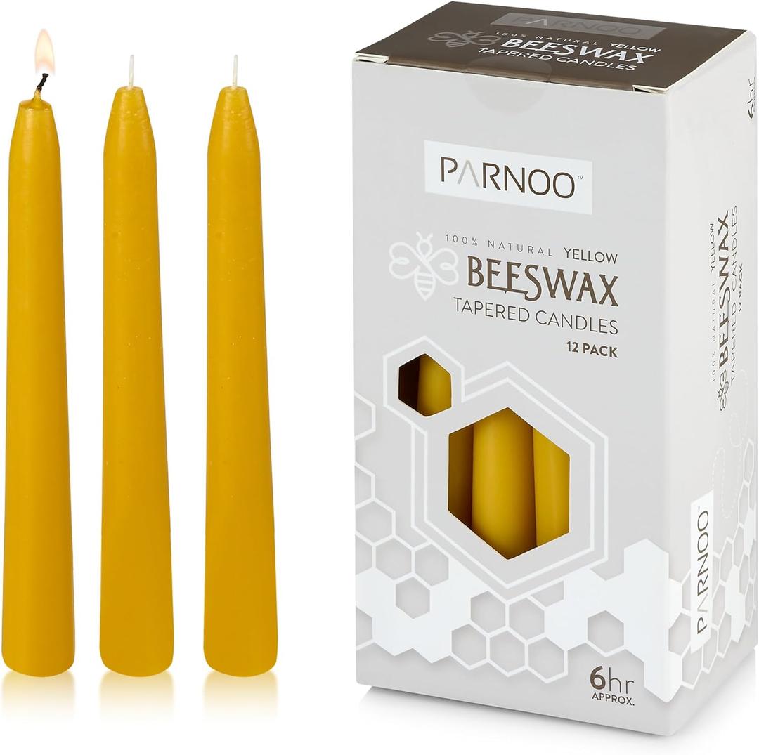 PARNOO 100% Natural Yellow Beeswax 7 Inch Tall Tapered Candles, 6 Hours Burn time - Pack of 12 (Dripless and Smokless)