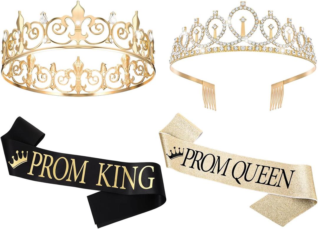 Saintrygo Prom Queen and King Sash Crowns Tiara 2025 Grad Crown Sash Headbands for Adult Halloween Wedding Cosplay(4 Pcs,Graceful Style)