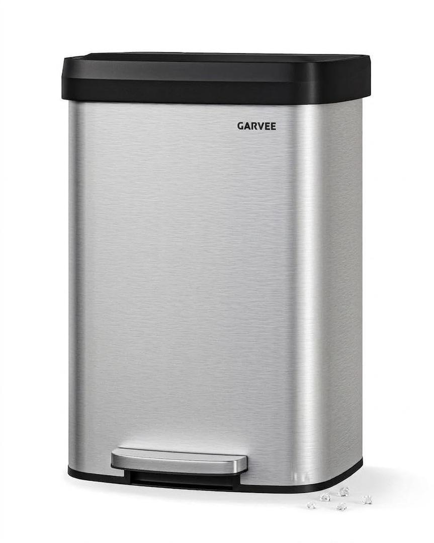 Garvee 13.2 gal / 50 L Stainless Steel Trash Can with Lid, Large Garbage Can for Kitchen, Rustproof Step-on Kitchen Metal Trash Bin with Liner Rim, Rear Handle, Soft Close Plastic Lid, Silver