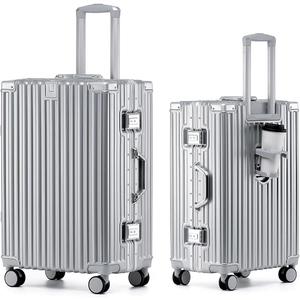 HotWay 26 Inch Aluminum Frame Luggage with Spinner Wheels, PC Hard Shell Suitcase with Cup Holder, Zipperless Luggage for Business Travel, Silver