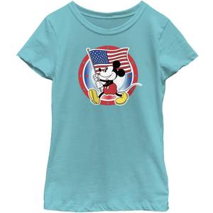 Disney Classic Mickey Flag Circle Badge Girls Short Sleeve Tee Shirt (Small, Tahiti Blue)