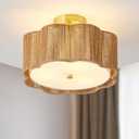 Rattan Ceiling Light Fixtures Flush Mount,3-Light Boho Light Fixtures Ceiling Mount for Bedroom,Close to Ceiling Light Modern Rattan Chandelier Lighting for Hallway Kitchen Dining Room(Yellow)