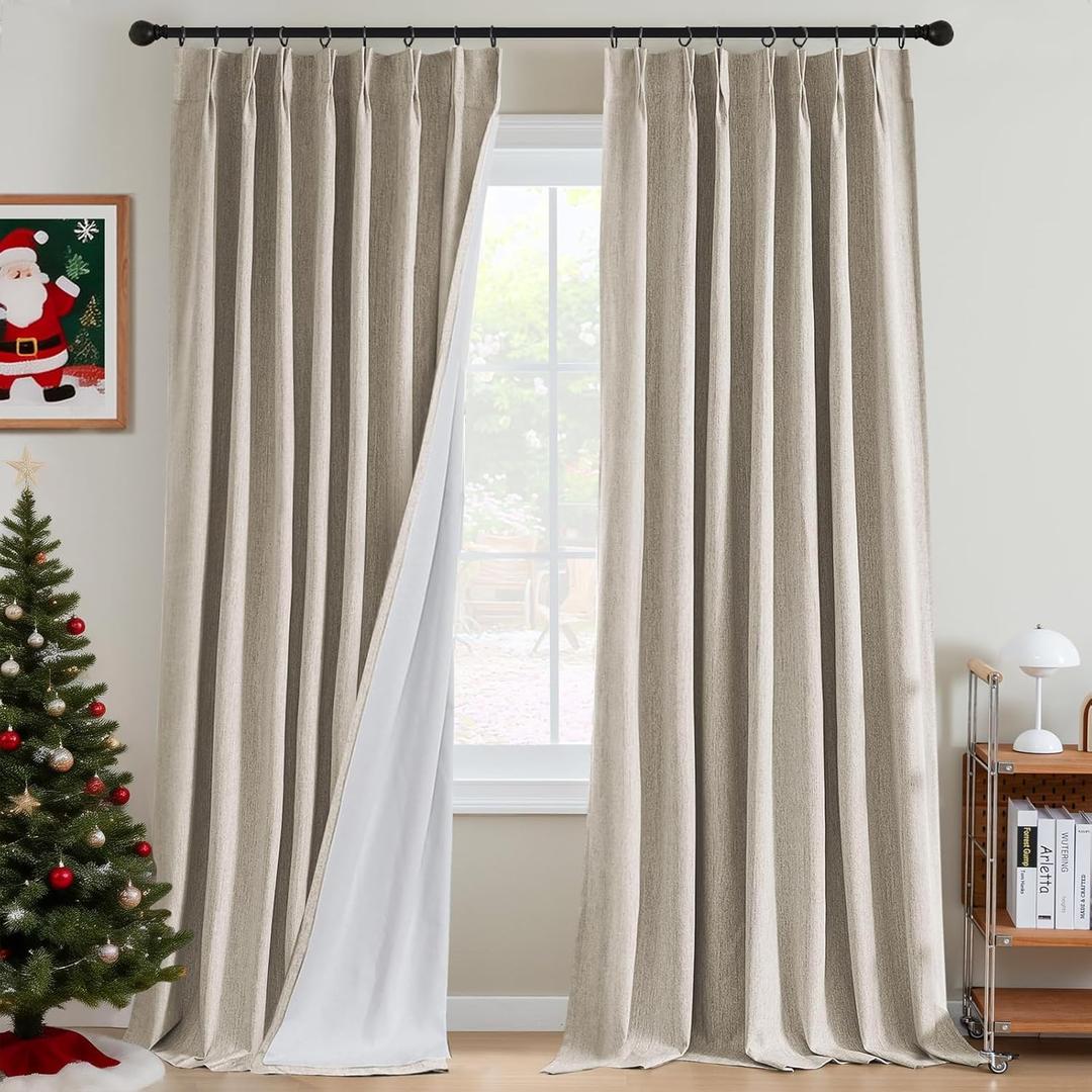 H.VERSAILTEX Pinch Pleated Full Blackout Curtains Linen Blended Chenille Blackout Curtains 96 inch Long 2 Panels Bedroom Thermal Insulated Farmhouse Neutral Track Drapes with Hooks, Heather Natural