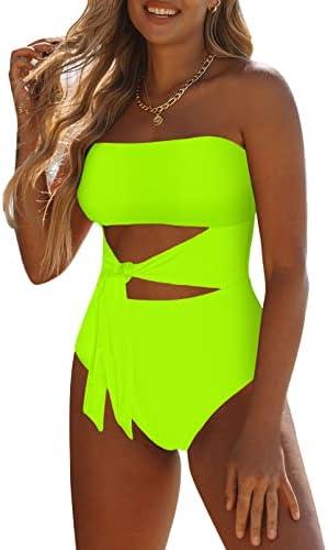 Viottiset Women's Bandeau One Piece Swimsuit Strapless Tie High Cut Out Bathing Suit XL