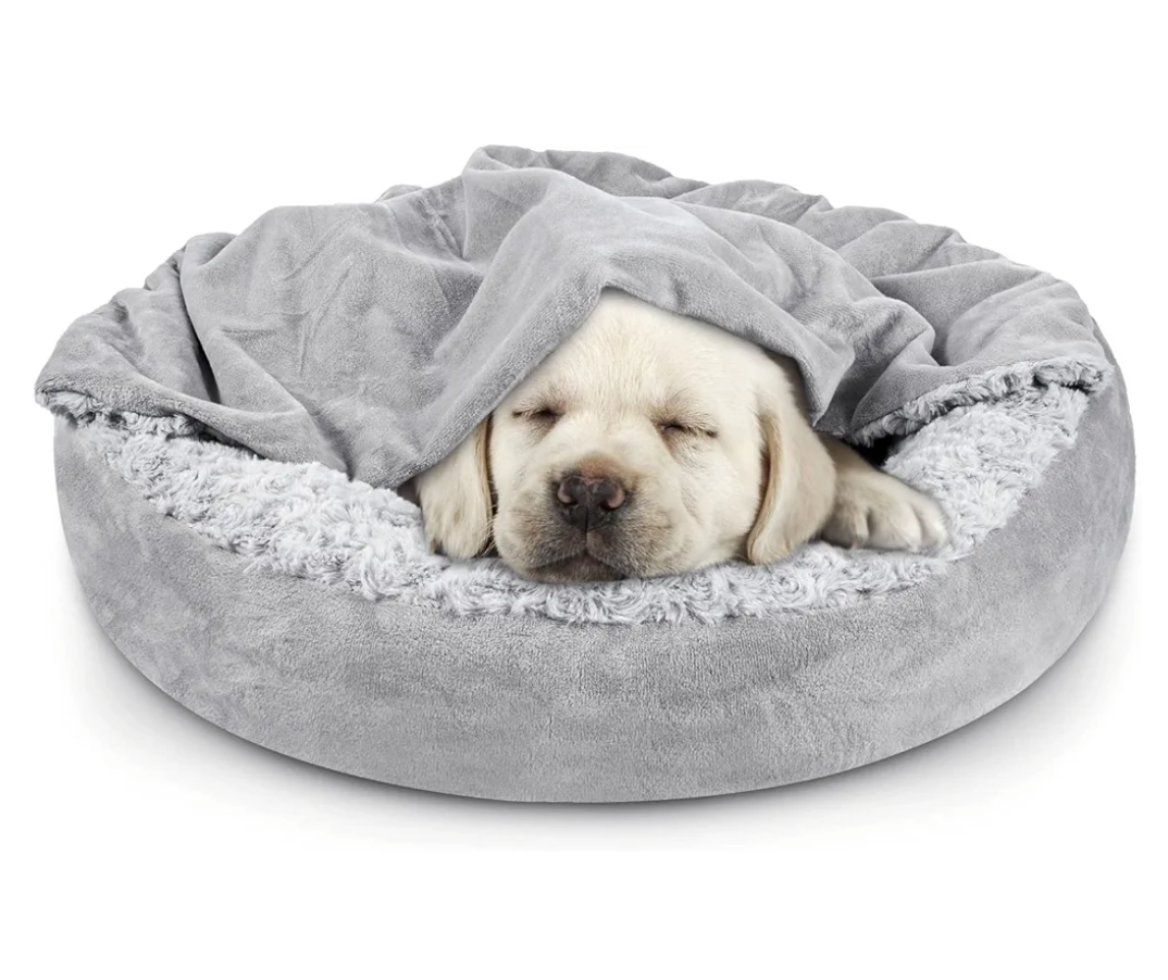 JOEJOY Small Dog Bed Cat Bed with Hooded Blanket, Cozy Cuddler Luxury Puppy Pet Bed, Donut Round Calming Anti-Anxiety Dog Burrow Cave Bed - Anti-Slip Bottom and Machine Washable 23 inch