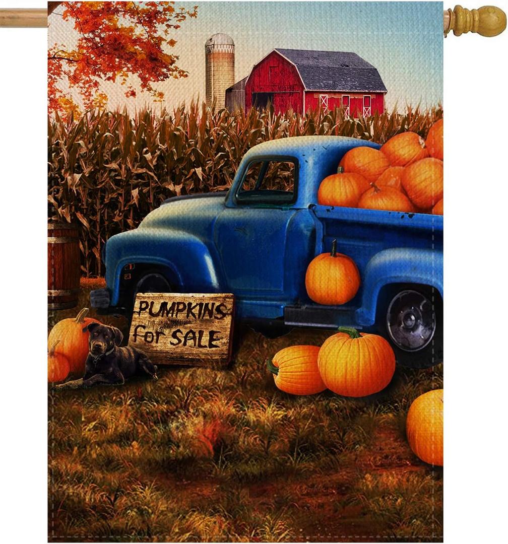 Dyrenson Fall Farm Truck 28 x 40 House Flag Farmhouse Double Sided, Rustic Autumn Thanksgiving Harvest Pumpkin Burlap Garden Yard Decoration, Primitive Pickup Outdoor Dcor Decorative Large Flag