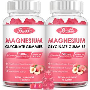 (2 Pack) Magnesium Glycinate Gummies-Magnesium Glycinate 500mg, Magnesium Complex Supplement with Potassium, VitaminD, B6 for Calm, Sleep&Stress Relief-Sugar Free, 120 Peach Magnesium Gummies