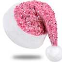 Sequin Santa Hat for Adults with Shiny Sequin and Fluffy Pompom, Party Hat for New Year Xmas Festival (Pink)