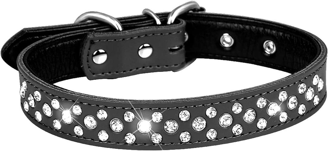 Serijoars Rhinestone Dog Collar for Small Medium Large Dogs, Adjustable Sparkly Crystal Soft Genuine Leather Bling Dog Collars (L, Black)