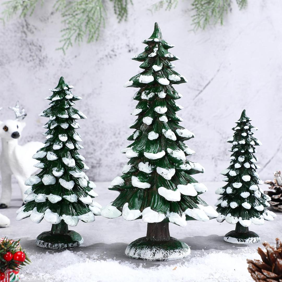 Shellwei 2 Pcs Resin Christmas Tree Table Decorations Winter Snow Christmas Tree Resin Figurine Xmas Snowy Pine Tabletop Centerpiece Decor for Xmas Holiday Party Supplies Indoor Home Mantle Decoration