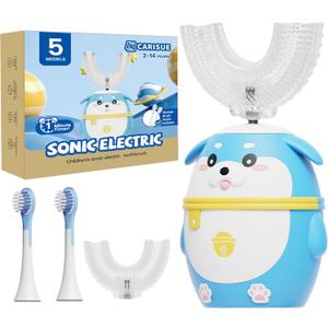 Kids U Shaped Electric Toothbrush, 5 Cleaning Modes with 4 Brush Heads,Cartoon Dog 360°Sonic Automatic Cleaning IPX7 Waterproof Design 2-7 Age (Blue)