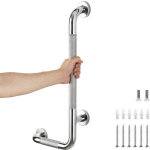 L-Shaped Grab Bars for Shower, 24x12 Inch Stainless Steel Grab Bars for Elderly for Wall Mount, Anti-Slip Knurled Grip Bathroom Safety Rail, Left