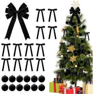 25 Pcs Black Velvet Tree Topper Christmas Ornaments Include Large Christmas Bows Tree Topper 12 Xmas Velvet Balls 12 Black Bows for Xmas Holiday Door Fireplace Wall Party Decor