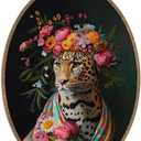 SHQIEUDH Vintage Cheetah Floral Oval Wall Art 8.6x11.4, Maximalist Leopard Framed Canvas Prints Artwork, Green Trendy Retro Animal Oval Wall Hanging Decor for Teen Girls Bedroom Living Room Home