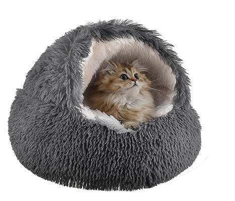 Cat Bed Round Fluffy Hooded Cat Bed Cave, AntiAnxiety Cave Bed with Hooded Blanket, Cozy Cuddler Luxury Puppy Pet Bed, AntiSlip Bottom and Machine Washable