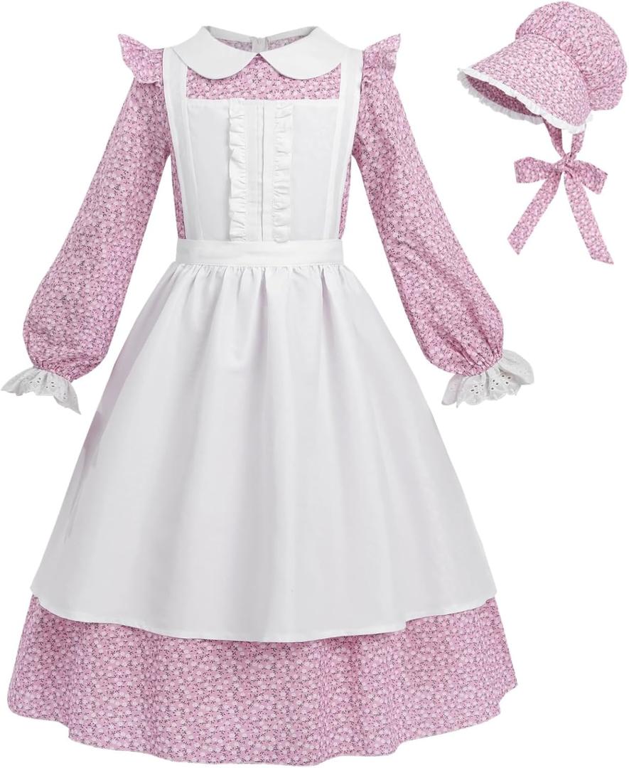 NSPSTT Girl Pioneer Costume Prairie Dresses for Girls Floral Colonial Dress Girl 1800s Dress (XX-Large, Long Sleeve-pink)