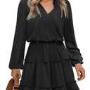 Caracilia Long Sleeve Dress for Women Fall 2025 Casual V Neck High Waist Tiered Ruffle Aline Swing Tunic Short Mini Dresses Black Small