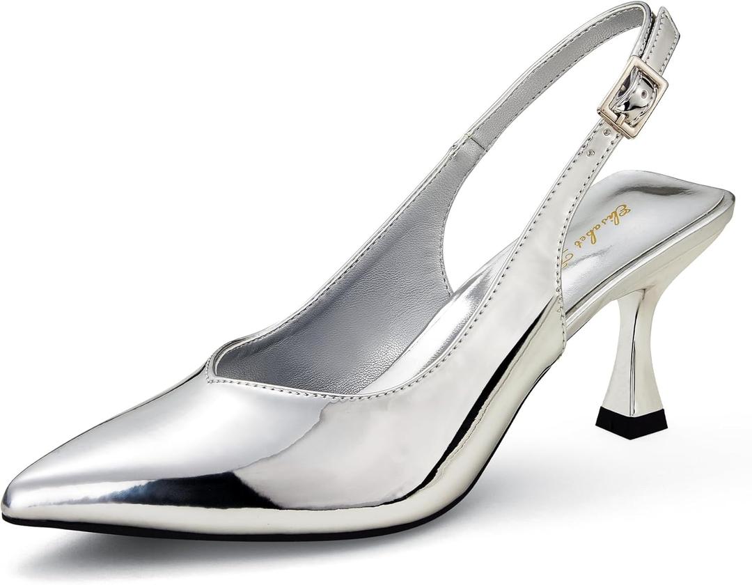 Elisabet Tang Women's Kitten Heel Slingback Low Pumps 3 Inches Stiletto Pointed Closed Toe Elegant Dressy Bridal Wedding Party Shoes, 8.5, Silver