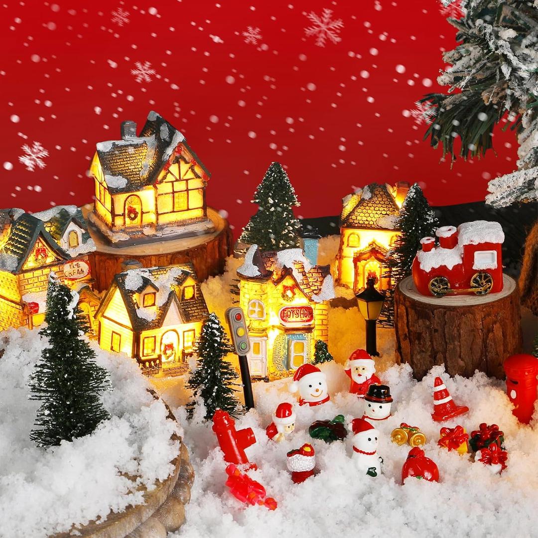 Liliful 46 Pcs Christmas Village House Sets Xmas Scene Figurines Decoration Lighted LED Christmas Village Resin Figurines Collectable Xmas Tree Scene Desktop Ornament for Holiday Party Decor (Rustic)