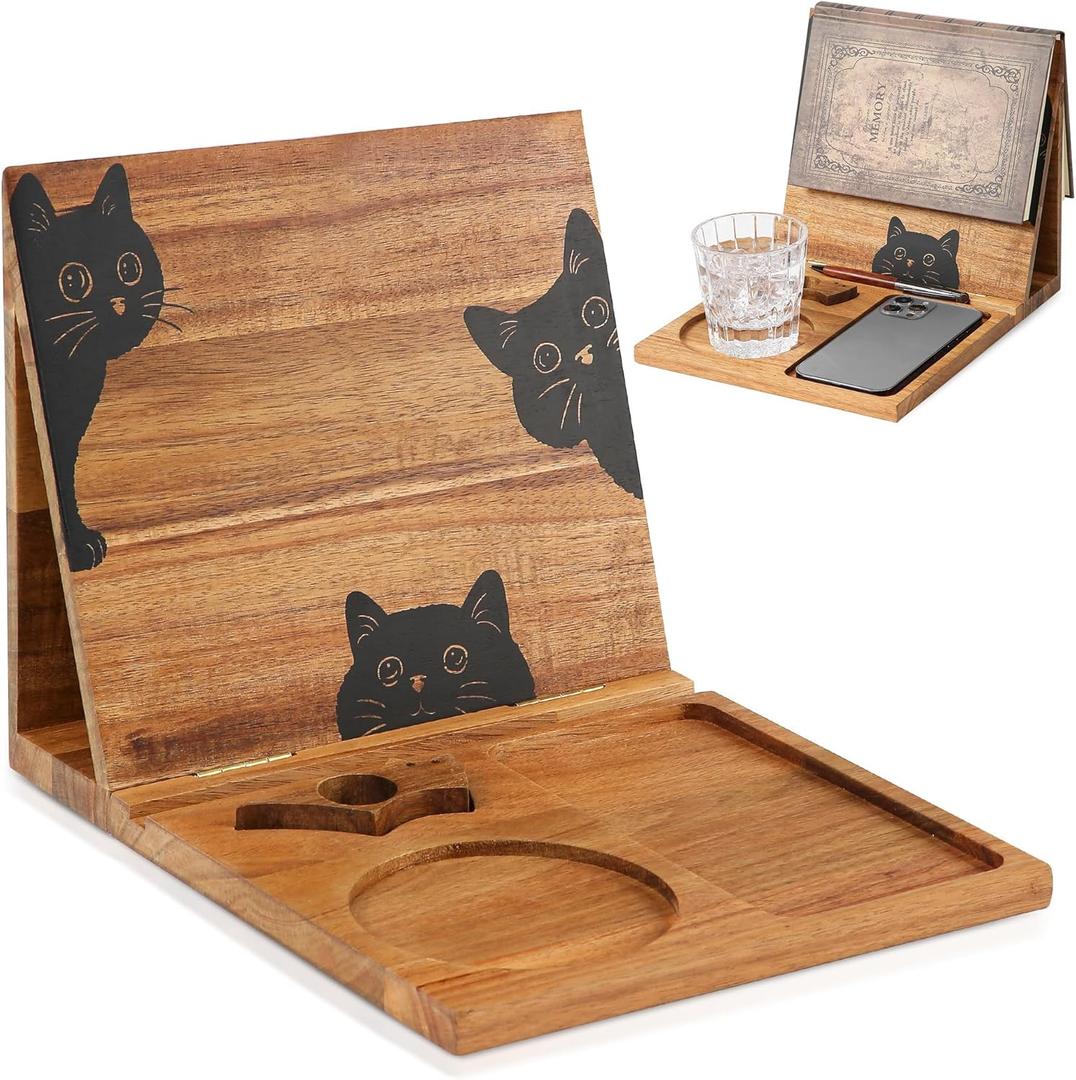 Book Holder Stand for Reading Rest, Wooden Foldable Book Rest with Book Page Holder, Cup, iPad & Phone Stand, Book Nook Reading Valet Desktop Triangle Bookstand Bookshelf for Readers Bookworms Gifts (Cat)