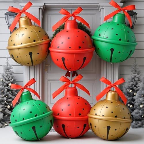Jetec 6 Pcs 24'' Giant Christmas Inflatable Jingle Bells Large Jingle Bell Ball Fun Christmas Decor Xmas Balloon Outdoor Ornament for Garden Yard Patio Holiday Decor