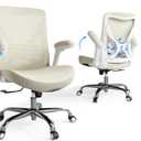 Office Home Ergonomic Desk Chair-Computer X-Shaped Chair Mesh PU Leather with Adjustable Lumbar Support-Executive Chair High Back Flip-Up Arms for Long Hours (Beige-No Headrest)