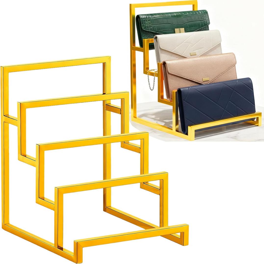 4-Tier Wallet Display Stand 2 Pack Gold , Metal Purse Organizer for Closet Countertop, Handbag Holder Rack Riser Shelf for Wallets Clutch Bags Retail Boutique Store Display
