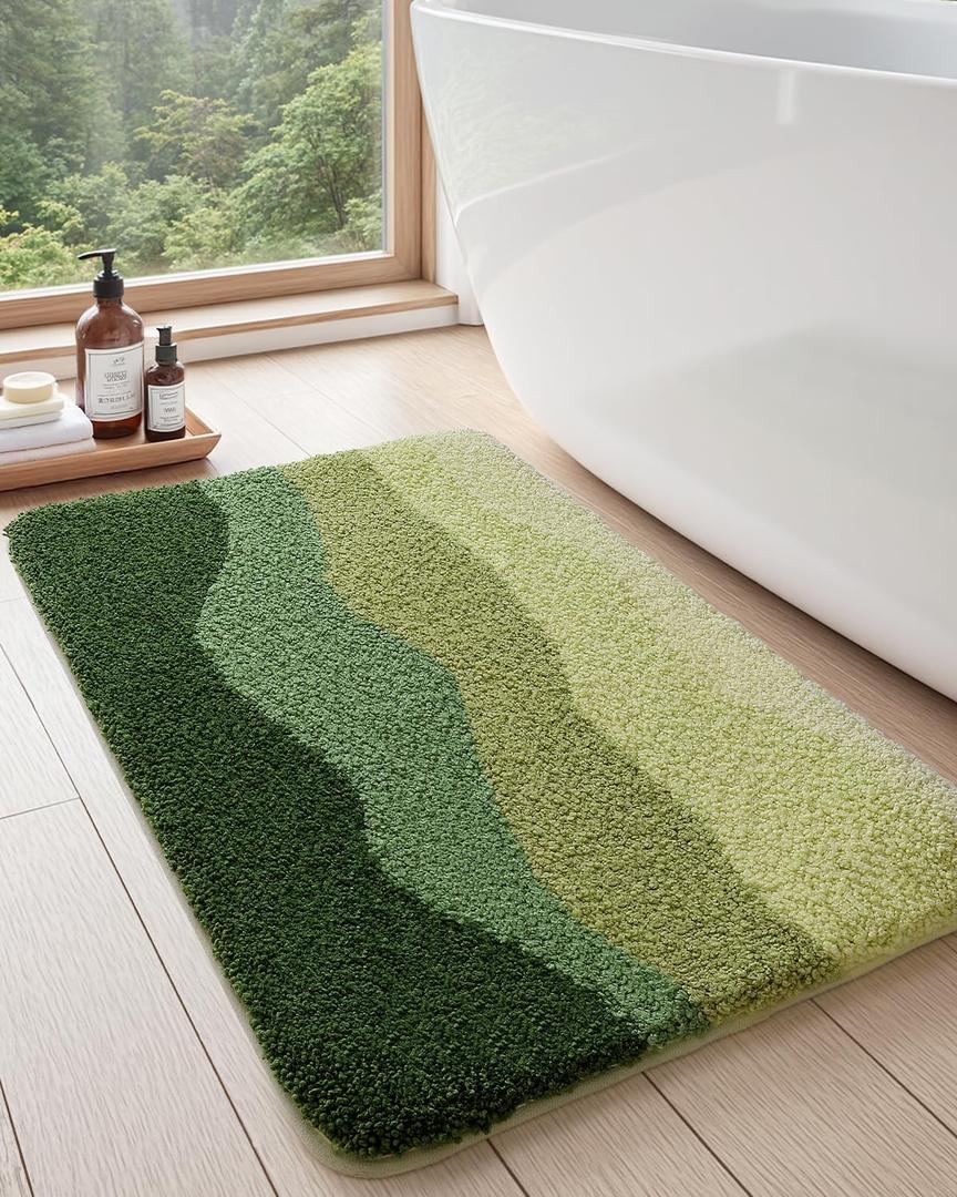 DEXI Bathroom Rugs Non Slip, 16x24 Washable Microfiber Bath Mat Quick Dry, Absorbent Ultra Soft Natural Mountains Bathmat for Shower Floor Tub Sink, Green