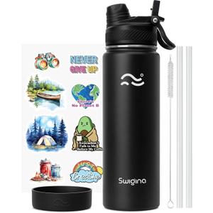 Swigina [2-IN-1 LID] Insulated Water Bottle with Silicone Boot (36hrs Cold/18hrs Hot) - DIY Stickers, Leakproof, BPA Free, Black, 24 oz