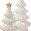 WDS WONDROUS Ceramic Christmas Tree White with Lighted Decor, 2 Pcs Christmas Trees Figurines with Lights, Small Xmas Tree with Star for Tabletop Mantel Shelf Fireplace (5.1x5.1x9.0in, White and Gold)