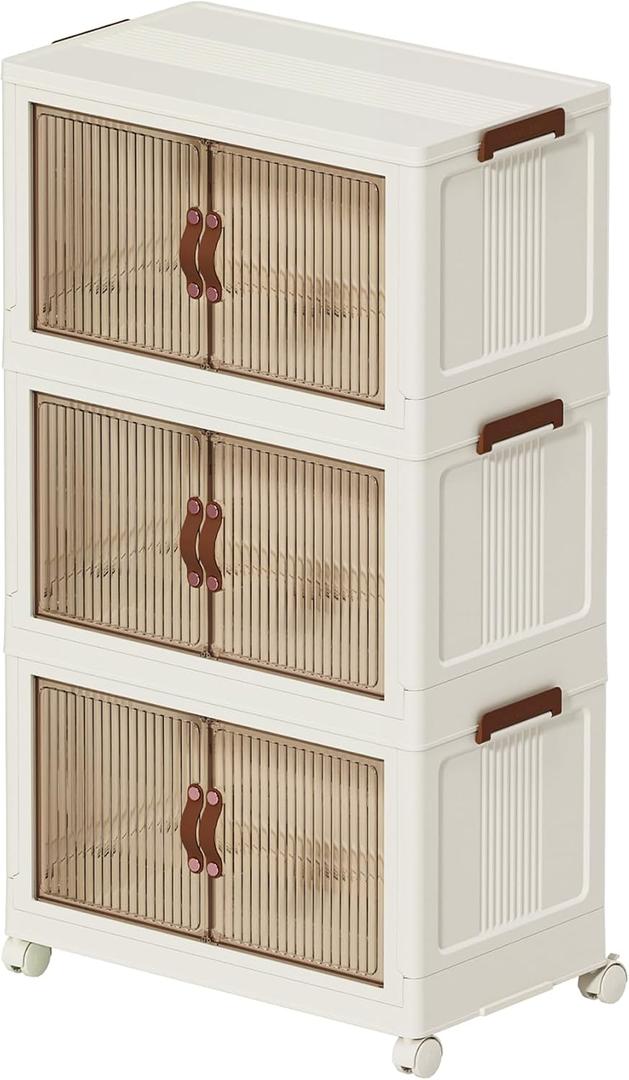 66 QT Large Plastic Storage Bins with Lids Open Front, Stackable Storage Containers with Wheels for Clothes, Home, Room, White, 3 Tiers (Medium)