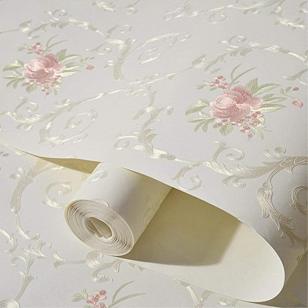 Floral Wallpaper Peel and Stick Vintage Non-Woven 3D Embossed Damask Flower Wallpaper Removable Self Adhesive Contact Paper Decorative Paper for Bedroom Living Room Wall Covering 20.8" x 197" (White)